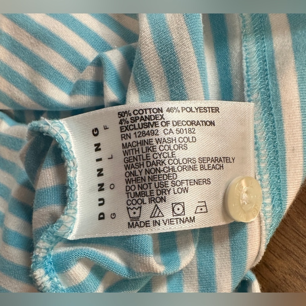 Dunning Golf Men’s Size Large Polo Short Sleeve Medium Blue & White Thin Stripe - Picture 7 of 9